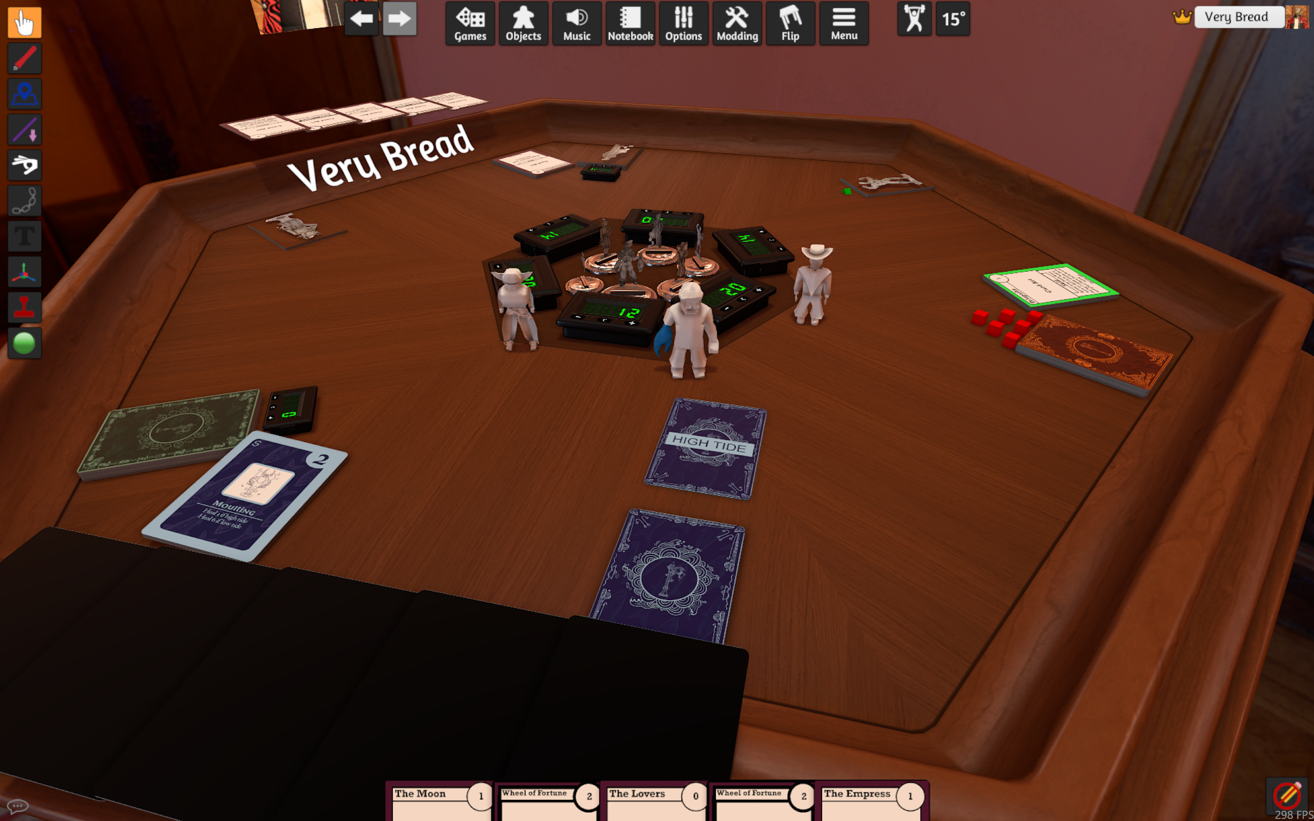 A screenshot of TableTop Simulator, the digital space for our card game. Tadhg